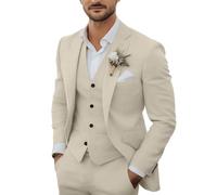 Tiefony 3-teiliges Herren-Anzug-Set aus Leinen, lässig, leicht, Blazer, Jacken, Westen, Hosen, Set für Hochzeit, Business, Abschlussball, Anzug, Light Champagne, XS