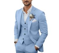 Tiefony 3-teiliges Herren-Anzug-Set aus Leinen, lässig, leicht, Blazer, Jacken, Westen, Hosen, Set für Hochzeit, Business, Abschlussball, Anzug, Hell, blau, S