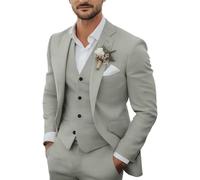 Tiefony 3-teiliges Herren-Anzug-Set aus Leinen, lässig, leicht, Blazer, Jacken, Westen, Hosen, Set für Hochzeit, Business, Abschlussball, Anzug, Hellgrau, XS