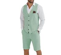 Tiefony Herren Leinen 2-teiliger Anzug Slim Fit Hochzeit Bräutigam Trauzeugen Sommer Weste Shorts Set, Hellgrün, 5XL