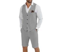 Tiefony Herren Leinen 2-teiliger Anzug Slim Fit Hochzeit Bräutigam Trauzeugen Sommer Weste Shorts Set, Grau, S