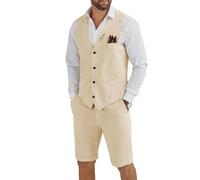 Tiefony Herren Leinen 2-teiliger Anzug Slim Fit Hochzeit Bräutigam Trauzeugen Sommer Weste Shorts Set, Champagner, XX-Large