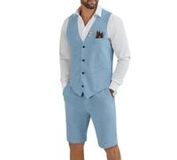 Tiefony Herren Leinen 2-teiliger Anzug Slim Fit Hochzeit Bräutigam Trauzeugen Sommer Weste Shorts Set, Hell, blau, 3XL