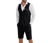 Tiefony Herren Leinen 2-teiliger Anzug Slim Fit Hochzeit Bräutigam Trauzeugen Sommer Weste Shorts Set, Schwarz, M