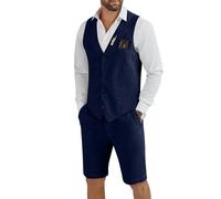 Tiefony Herren Leinen 2-teiliger Anzug Slim Fit Hochzeit Bräutigam Trauzeugen Sommer Weste Shorts Set, Marineblau, 3XL