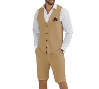Tiefony Herren Leinen 2-teiliger Anzug Slim Fit Hochzeit Bräutigam Trauzeugen Sommer Weste Shorts Set, Khaki, M