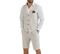 Tiefony Herren Leinen 2-teiliger Anzug Slim Fit Hochzeit Bräutigam Trauzeugen Sommer Weste Shorts Set, Cremeweiß, 3XL