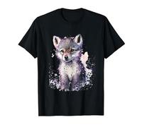 Tierdruck Männer Kunst Frauen Kinder Aquarell Wolf Welpe T-Shirt, Herren, Schwarz, 4XL