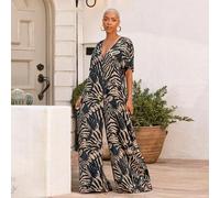 Tierprint strukturierter Chiffon V-Ausschnitt drapiert weites Bein Jumpsuit