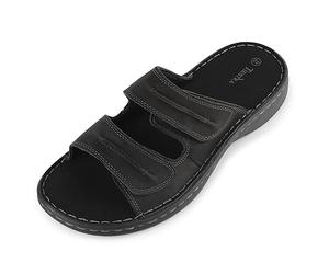 TIESTRA Pantoletten Herren Leder Klettverschluss Latschen Weiche Sommer Sandalen Rutschfeste Gummisohle Meer Strand Outdoor Schwarz EU45