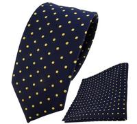 TigerTie - schmale Designer Krawatte Designer Einstecktuch in blau dunkelblau marine gold gepunktet