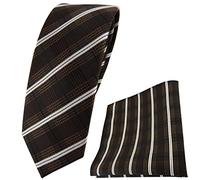 TigerTie - schmale Designer Krawatte + Designer Einstecktuch in braun dunkelbraun creme schwarz gestreift