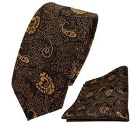 TigerTie schmale Designer Krawatte + Einstecktuch gold bronze schwarz Paisley