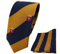 TigerTie - schmale Designer Krawatte + Einstecktuch gold goldbraun dunkelblau gestreift mit Wappen gemustert