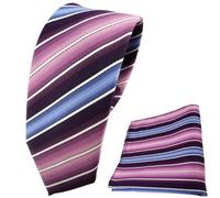 TigerTie - schmale Designer Krawatte + Einstecktuch in lila dunkellila rosa blau creme gestreift