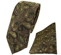TigerTie schmale Krawatte + Einstecktuch in braun gold blau schwarz Paisley