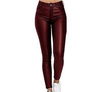 TIIFFY Damen Kunstlederhose, PU-Lederjeans, Stretch-beschichtete Jeans Damen Sporthosen (Color : Red Wine, Size : M)