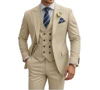 TIJOFA Zweireihiger 3-teiliger Anzug für Herren, schmale Passform, Klassische EIN-Knopf-Jacke, Blazer, Weste, Hose, Set, formelle Hochzeit, Smoking, Dunkles Beige, XS