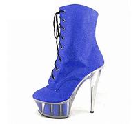 TIKENBST High Heels 15CM Short Boots Stöckelschuhe Fashion Round Head Crystal Low Boots,Blue-44