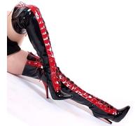 TIKENBST High Heels Mode Frauen Dünne High Heels Knie Oberschenkel Lackleder Stiletto Motorradstiefel,Black-44