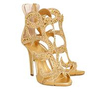 TIKENBST High Heels Sandalen Sommer Luxus Stiletto Damenschuhe Partyschuhe Goldene Strasssteine,Gold-44