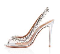 TIKENBST High Heels Sling Große Damenschuhe Wunderschöne Kette Diamond Fashion Schuhe,Silver-37