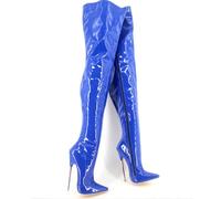 TIKENBST High Heels Stiletto Heel 18CM Stiefel Damenstiefel Lackleder Oberschenkel High Boots,Blue-39
