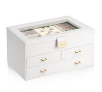 Tiklife Schmuckkasten für Damen Schmuckbox Schmuckaufbewahrung mit Spiegel 3 Ebenen Schubladen PU-Leder zur Aufbewahrung von Ringen, Ohrringen, Ketten, Uhren, Armbändern, Perlen Weiß