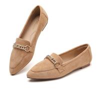 Tilocow Halbschuhe mit Metallkette für Damen, spitzer Zehenbereich, Slipper, flache Schuhe, bequem, modisch, Arbeitsschuhe, Wildleder Khaki, 42 EU
