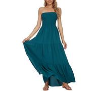 Timathous Damen Sommer Trägerlos Tube Top Maxikleider Schulterfrei Boho Strand Langes Kleid, Blaugrün 109, Klein