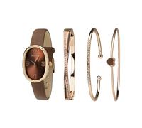 TIME100 Ovale Damenuhr und hochwertiges Armband mit Kristallakzenten, Lederband, Braun