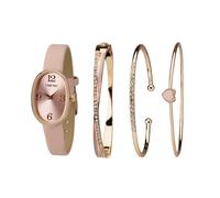 TIME100 Ovale Damenuhr und hochwertiges Armband mit Kristallakzenten, Lederband, Rosa, Pink