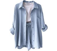 TIMELYE Angebote des Tages Heute Zweiteiler Damen Mit Hose Sommer 2 Teiler Lounge Fussball Hose Kurzer Dirndlbluse Damen Langarm Dunne Damen 2 Teiler Set Sommer Musselin Damen(Hellblau,S)