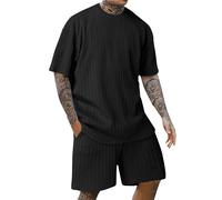 TIMELYE Generic Coupons Rabatt Streatwear Trainingsanzüge Für Herren Zweiteiler Herren Sommer Kurz Kurzarm Gummizug Leinen Shirt Herren Street Golf Set Herren Herren Schlafanzug(Schwarz,XL)