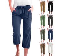 Timelye Sommer 3/4 Hose Damen Leinen Baumwolle Stoffhose Leicht Atmungsaktiv Yogahose Einfarbig Lässig Leinenhose Weites Bein Hosen mit Taschen Sommerhose Weich Bequem Sporthose für Frauen