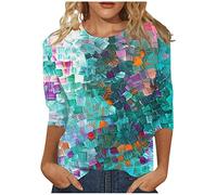 TIMEMEAN Shirts Damen Blusenshirt Damen Oversize Shirt Damen T Shirt Frauen Bedrucken Mode Gummizug Blusen 3/4 Ärmel Rundhals Loungewear Gemütlic Blusentop Damenen Sommer Oversize Baumwoll Blau