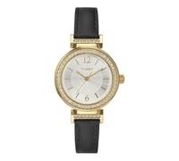 Timex Damen-Armbanduhr, Dress Watch, 31 mm, schwarzes Lederarmband, silberfarbenes Zifferblatt, goldfarbenes Gehäuse TW2W48900