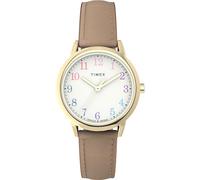 Timex Damen-Armbanduhr Easy Reader, 30 mm, schwarzes Armband, weißes Zifferblatt, silberfarbenes Gehäuse, Hellbraun/Weiß/Goldfarben, Armband