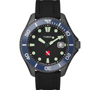 Timex Deep Water Automatic Herren-Armbanduhr, 44 mm, schwarzes, zweiteiliges, synthetisches Kautschukarmband mit Schnellverschluss, schwarzes Zifferblatt, Rotgussgehäuse TW2W21100