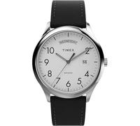 Timex Easy Reader Herren-Armbanduhr, 40 mm, schwarzes Lederarmband, weißes Ziffernblatt, silberfarbenes Gehäuse TW2W68300