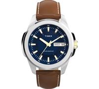 Timex Essex Herren-Armbanduhr mit Tag und Datum, 45 mm, braunes zweiteiliges blaues Zifferblatt, silberfarbenes Gehäuse