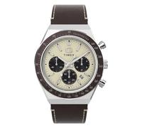 Timex Herren-Armbanduhr Q Chronograph, 40 mm, braunes Armband, hellbraunes Zifferblatt, silberfarbenes Gehäuse