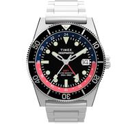 Timex Herrenuhr DEEP Water Reef Herren Edelstahl Silber Stahl Gehäuse Quarzwerk Schwarzes Zifferblatt Silber Stahlarmband mit Faltschließe 5 ATM