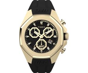 Timex Herrenuhr UFC PRO Herren Silikon Vergoldetes Stahlgehäuse Quarzwerk Schwarzes Zifferblatt Schwarzes Silikonarmband Schwarz mit Dornschließe Standard 10 ATM