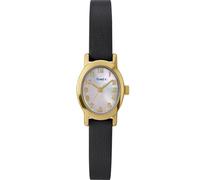 Timex Main Street Damen-Armbanduhr,18 mm, schwarzes Lederarmband, Perlmutt-Zifferblatt, goldfarbenes Gehäuse TW2W82600