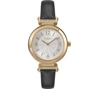 Timex Main Street Damen-Armbanduhr, 31 mm, schwarzes Lederarmband, silberfarbenes Zifferblatt, goldfarbenes Gehäuse TW2W96400