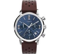 Timex Marlin Chronograph Herren-Armbanduhr, 40 mm, braunes zweiteiliges Lederarmband mit Schnellverschluss, blaues Zifferblatt, Edelstahlgehäuse TW2W10200