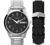 Timex Men's South Street Sport 36mm Watch Box Set Silver-Tone Case Black Dial with Silver-Tone Expansion Band + Black Leather Strap
