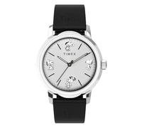 Timex Peanuts Automatic Herren-Armbanduhr, 40 mm, schwarzes, zweiteiliges Lederarmband mit Schnellverschluss, silberfarbenes Zifferblatt, Edelstahlgehäuse TW2W54000