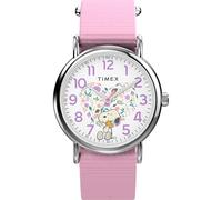 Timex Peanuts Damen-Armbanduhr, 38 mm, rosa Stoffarmband, einlagiges weißes Zifferblatt, silberfarbenes Gehäuse TW2Y30900